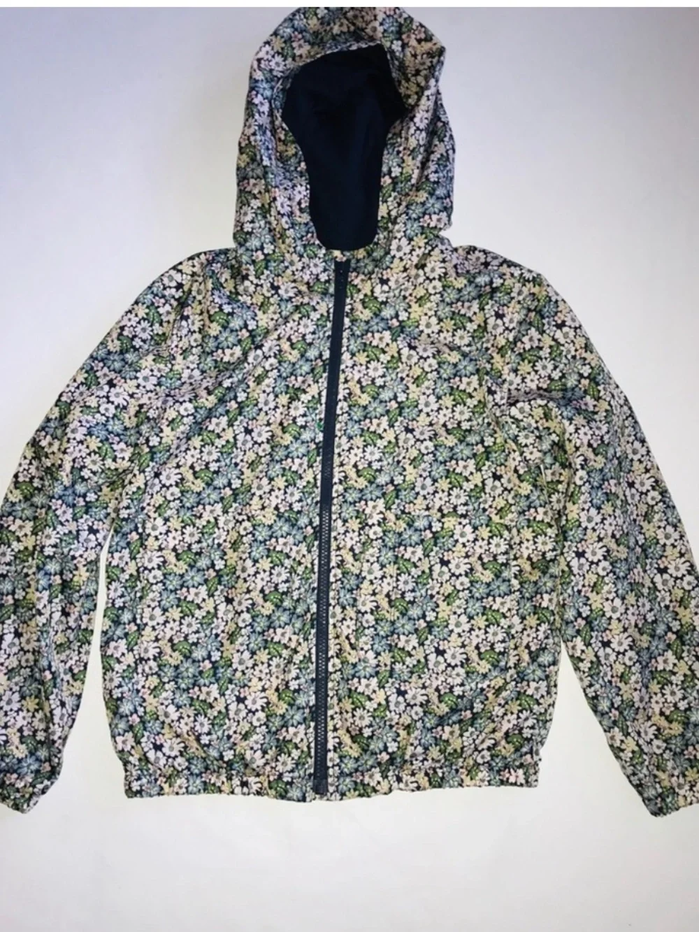 GAP Girls Floral Hooded Rain Jacket - Navy, Green, White